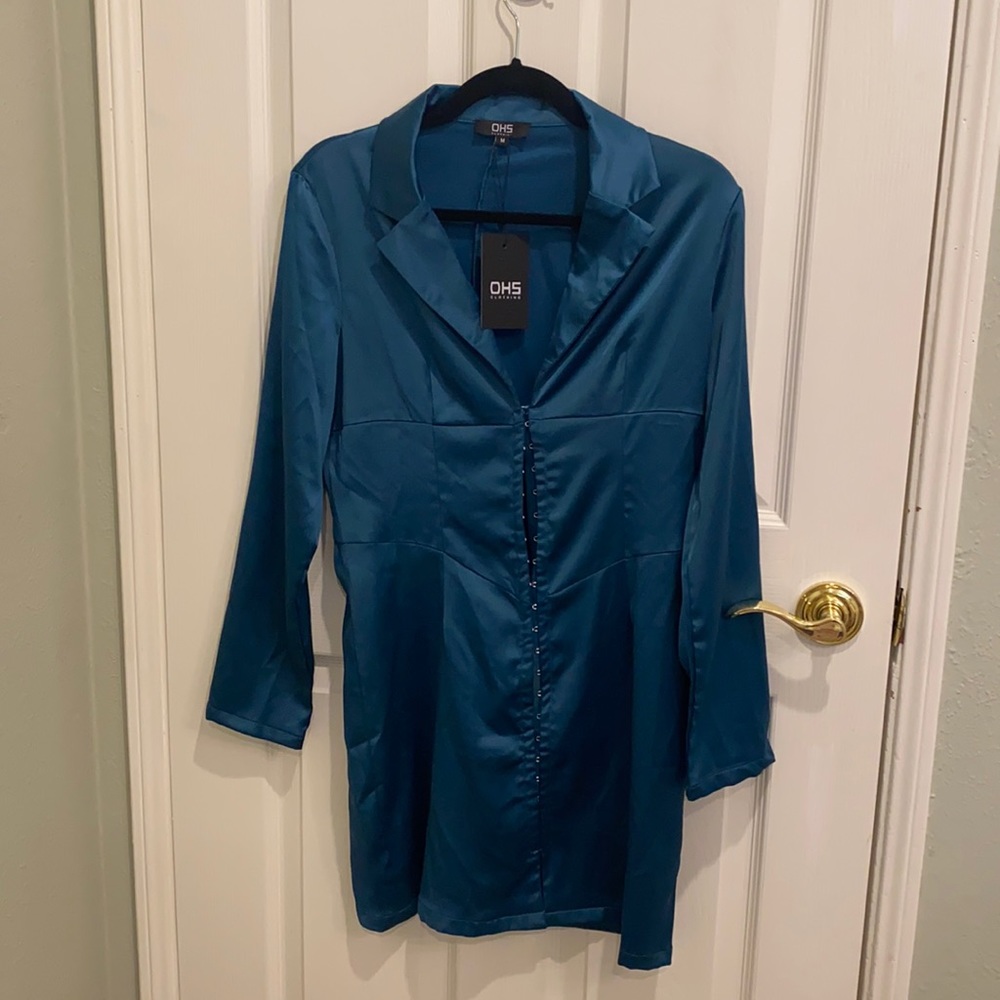 Y2K teal satin blazer dress